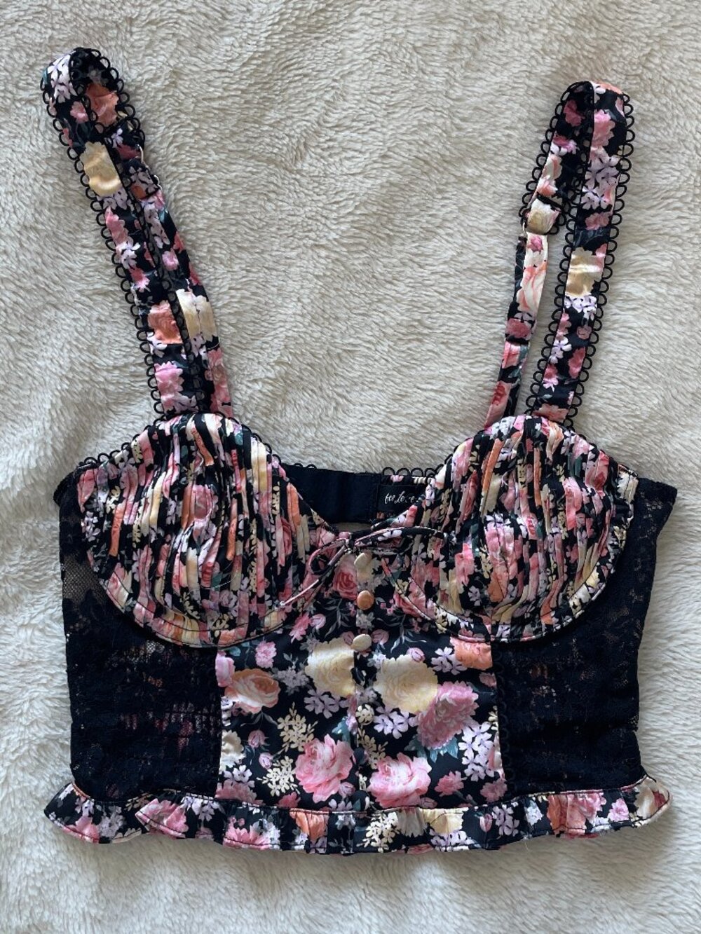 For Love & Lemons | "Gardenia" Floral satin bustier corset top lace ruffle | S